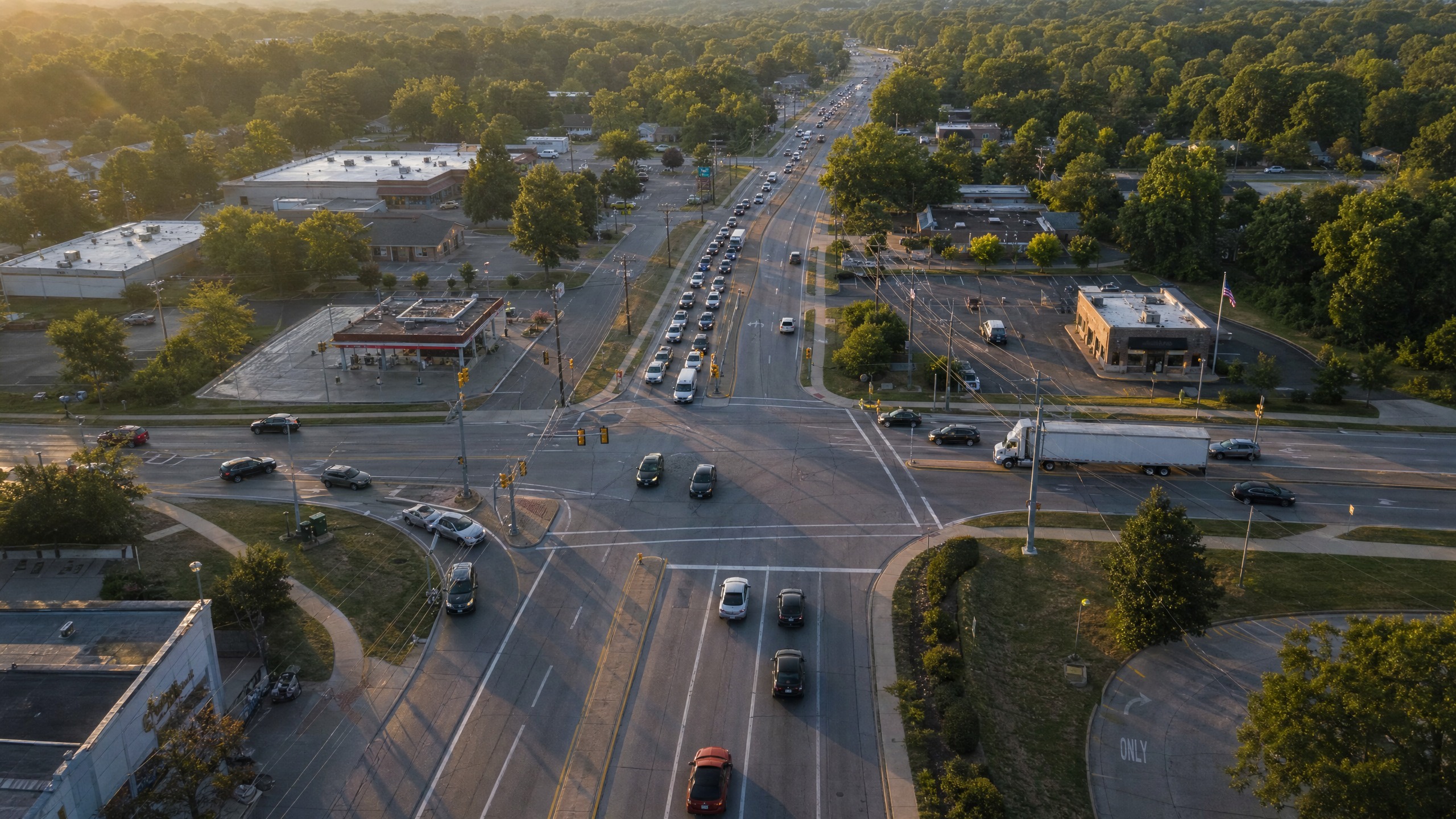 Aerial view of a dangerous intersection in Brecksville Ohio where car accidents frequently occur on State Route 82
