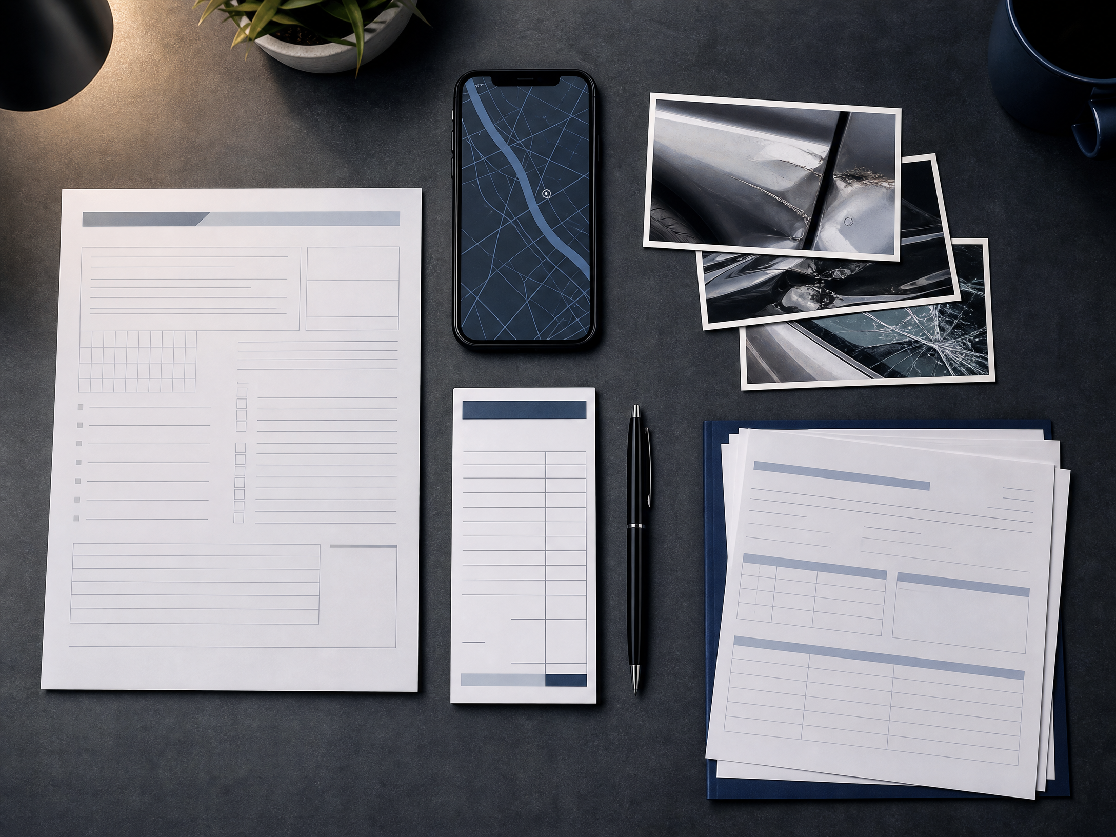 Illustrative still life of a crash-report reference, vehicle photographs, a tow receipt, medical paperwork, and a smartphone on a desk; no document contains real personal information.