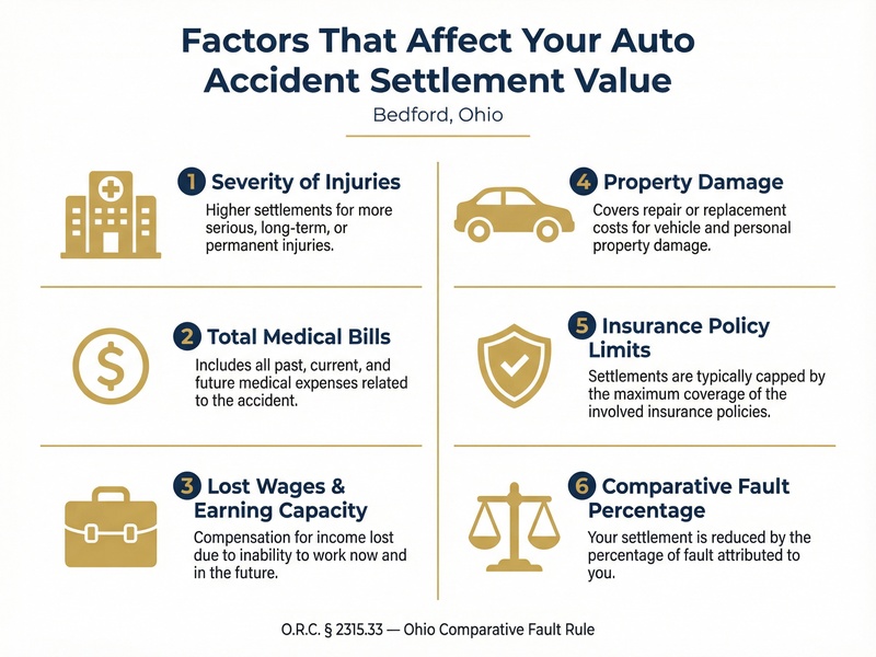 Infographic showing factors that affect auto accident settlement value in Bedford, Ohio